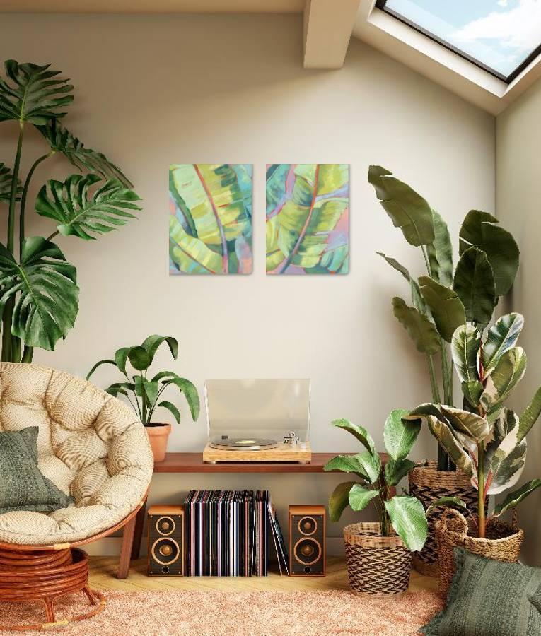 The Preppy Palms Gallery - A little bit tropical, a little bit preppy. This pastel-hued diptych of palm leaf paintings is sure to add flair to any space.,Small Gallery Wall (36" X 24" Finished Size)